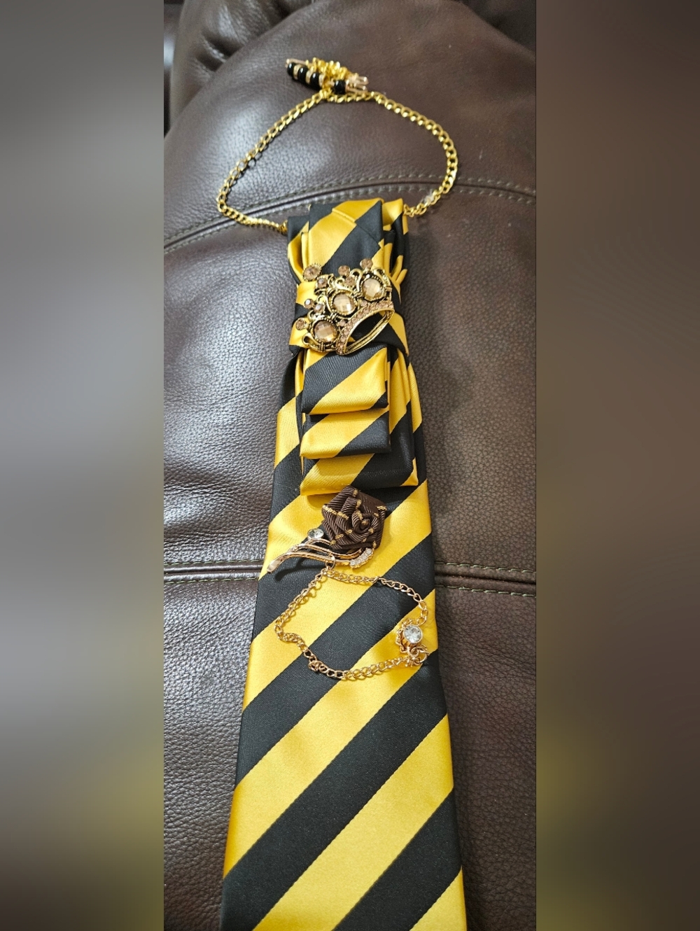 Ladies' Necktie Necklace With Black & Yellow Striped Colors with Gold Accent